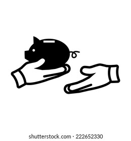 vector piggy moneybox icon goes from hand to hand | modern black flat design pictogram isolated on white background