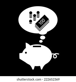 vector piggy moneybox icon thinking and dreaming about money | modern flat design white pictogram isolated on black background