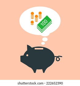 vector piggy moneybox icon thinking and dreaming about money | modern flat design pictogram isolated on orange background