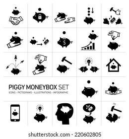 vector piggy moneybox and money bank icons set | modern flat design black pictograms and illustrations isolated on white background