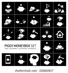 vector piggy moneybox and money bank icons set | modern flat design white pictograms and illustrations isolated on black background