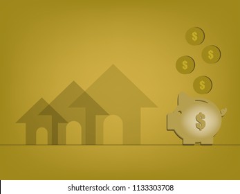 Vector piggy on a gold background Concept savings for housing.