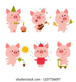 Vector Piggy symbol 2019. Cartoon illustration for Christmas card, prints, calendar, sticker, invitation, baby shower, children clothes, poster