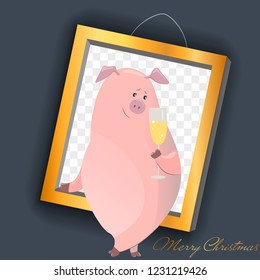 Vector Piggy symbol 2019. Cartoon illustration for Christmas card, prints, calendar, sticker, invitation, baby shower, children clothes, poster