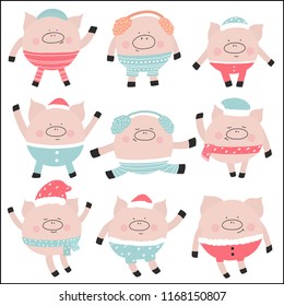Vector pigs illustration 2019 calendar Christmas set