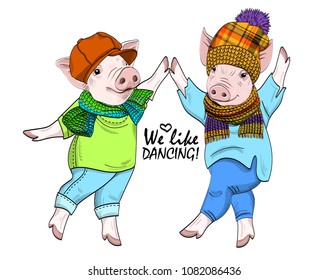 Vector pigs-dancers. Hand drawn illustration of dressed pigs. 3
