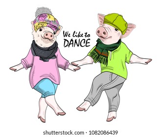 Vector pigs-dancers. Hand drawn illustration of dressed pigs. 4