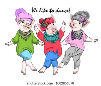 Vector pigs-dancers. Hand drawn illustration of dressed pigs.