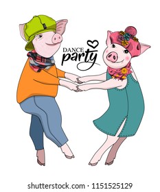 Vector pigs-dancers. Hand drawn illustration of dressed pigs. 1