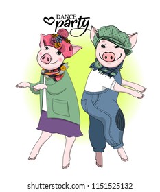 Vector pigs-dancers. Hand drawn illustration of dressed pigs. 3