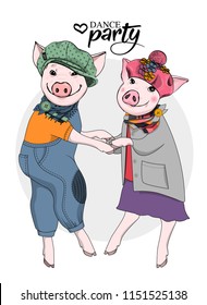 Vector pigs-dancers. Hand drawn illustration of dressed pigs. 2