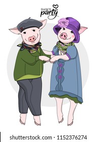 Vector pigs-dancers. Hand drawn illustration of dressed pigs. Dance party. 3