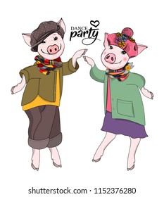 Vector pigs-dancers. Hand drawn illustration of dressed pigs. Dance party. 1