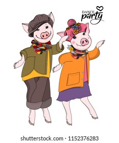 Vector pigs-dancers. Hand drawn illustration of dressed pigs. Dance party. 2