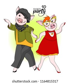 Vector pigs-dancers. Hand drawn illustration of dressed pigs. Dance party. 7