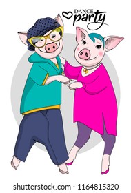 Vector pigs-dancers. Hand drawn illustration of dressed pigs. Dance party. 2