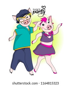 Vector pigs-dancers. Hand drawn illustration of dressed pigs. Dance party. 8