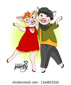 Vector pigs-dancers. Hand drawn illustration of dressed pigs. Dance party. 5