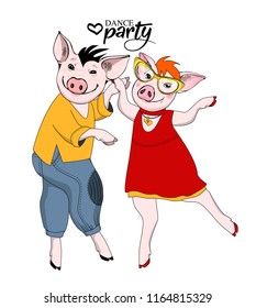 Vector pigs-dancers. Hand drawn illustration of dressed pigs. Dance party. 3