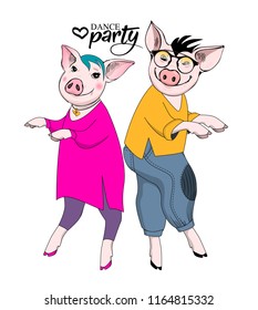 Vector pigs-dancers. Hand drawn illustration of dressed pigs. Dance party. 4