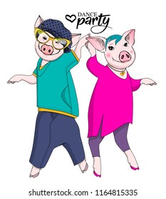 Vector pigs-dancers. Hand drawn illustration of dressed pigs. Dance party. 1