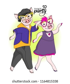 Vector pigs-dancers. Hand drawn illustration of dressed pigs. Dance party. 6