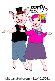 Vector pigs-dancers. Hand drawn illustration of dressed pigs. Dance retro party. 4