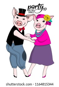 Vector pigs-dancers. Hand drawn illustration of dressed pigs. Dance retro party. 5