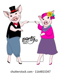 Vector pigs-dancers. Hand drawn illustration of dressed pigs. Dance retro party. 1