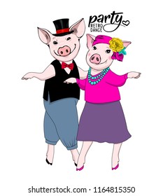 Vector pigs-dancers. Hand drawn illustration of dressed pigs. Dance retro party. 3