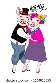 Vector pigs-dancers. Hand drawn illustration of dressed pigs. Dance retro party. 2