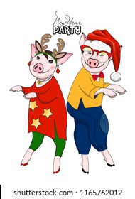 Vector pigs-dancers. Hand drawn illustration of dressed pigs. New Year party 2