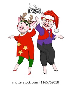 Vector pigs-dancers. Hand drawn illustration of dressed pigs. New Year party 3