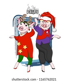 Vector pigs-dancers. Hand drawn illustration of dressed pigs. New Year party 1