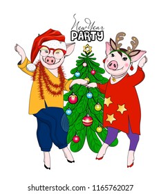 Vector pigs-dancers with spruce. Hand drawn illustration of dressed pigs. New Year party 1