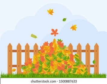 Vector pile of autumn leaves lies under the fence. Raking autumn leaves. Season fall. Harvest time. Elements for sites, posters, info graphics. Flat cartoon illustration.