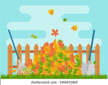 Vector pile of autumn leaves. Raking autumn leaves. Season fall. Harvest time. Elements for sites, posters, info graphics. Flat cartoon illustration. Objects isolated on a white background.
