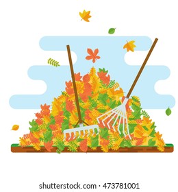 Vector pile of autumn leaves. Raking autumn leaves. Season fall. Harvest time. Elements for sites, posters, info graphics. Flat cartoon illustration. Objects isolated on a white background.