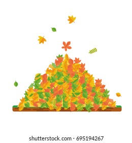 Vector pile of autumn leaves. Raking autumn leaves. Season fall. Harvest time. Elements for sites, posters, info graphics. Flat cartoon illustration. Objects isolated on a white background.