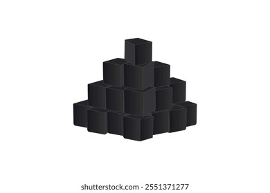 Vector pile of black charcoal briquettes on white background.