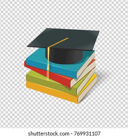 Vector pile of books and mortarboard on transparent background.