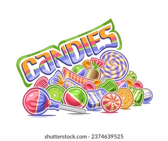 Vector Pile of Candies, outline illustration of multi colored candy still life composition, sweet print with group of swirly lolipops and fun bubble gums in striped cellophane package and text candies