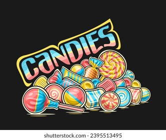 Vector Pile of Candies, outline illustration of colorful candy still life composition, sweet print with group of circle pink lolipops, wrapping bubblegums in blue striped foil package and text candies