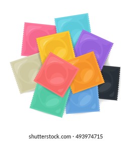 Vector Pile of Color Condoms on white background. Popular method of contraception and birth control. Vector illustration.