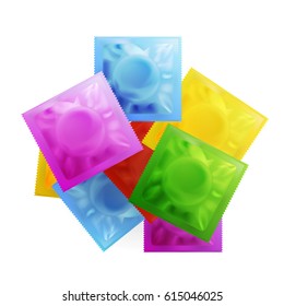 Vector Pile of Color Condoms on white background. Popular method of contraception and birth control. Vector illustration.