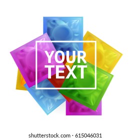 Vector Pile of Color Condoms on white background. Popular method of contraception and birth control. Vector illustration.