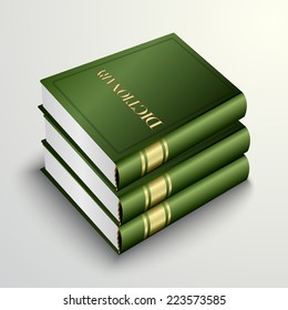 Vector pile of dictionary books with green cover and gold letters