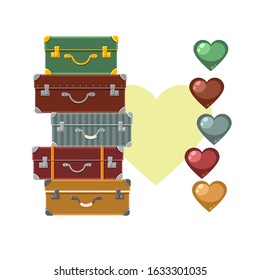 Vector pile of different brown cases with hearts near by. Love travelling. Summer holidays. Bright baggage. Cute cartoon laggage. Tourist elements.