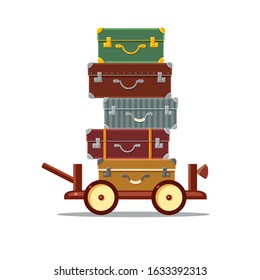 Vector pile of different brown cases on a cart with a handle. Travelling. Summer holidays. Bright baggage. Cute cartoon laggage. Tourist elements.