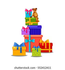 Vector pile of different multicolored presents. Bright cartoon birthday gifts. Holiday boxes with bows, stripes, spots and a teddy-bear.